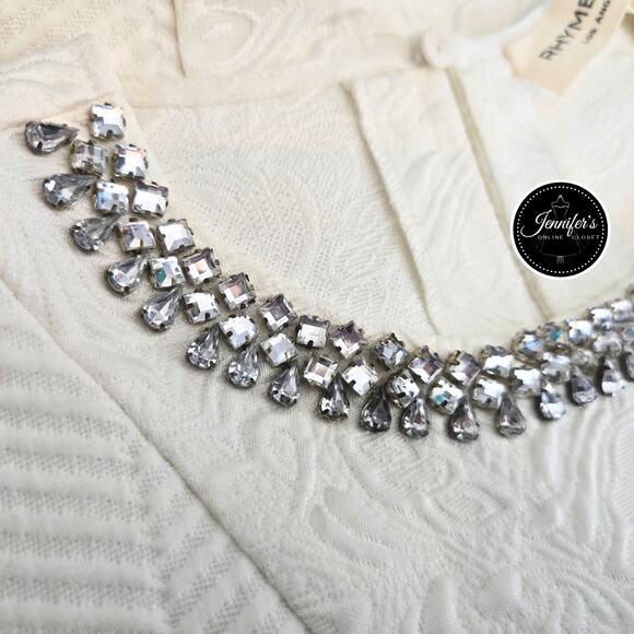 Rhyme Los Angeles Cream Floral & Herringbone Rhinestone Embellished Blouse M - Picture 12 of 16